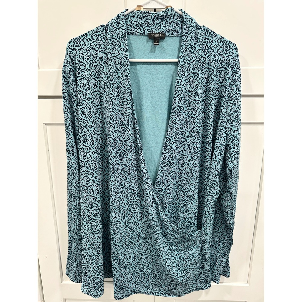 Talbots Woman Blue Black‎ Scroll Pattern Faux Wrap Top 2X